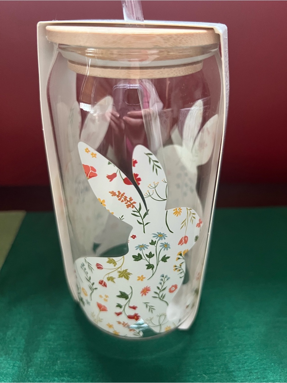 NEW Crofton Floral Bunny Rabbit Glass Tumbler Bamboo Lid & Straw 18.6 oz